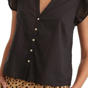 Marine Layer Black Short-Sleeve Button Down V-Neck Top